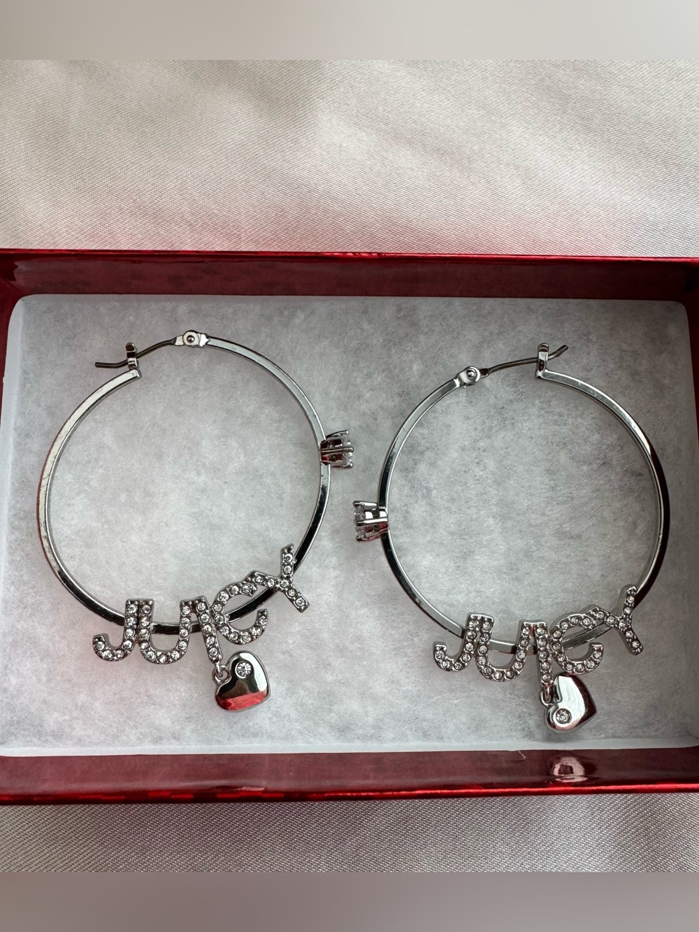Juicy Couture Silver Hoop Earrings with Logo and Heart Charm